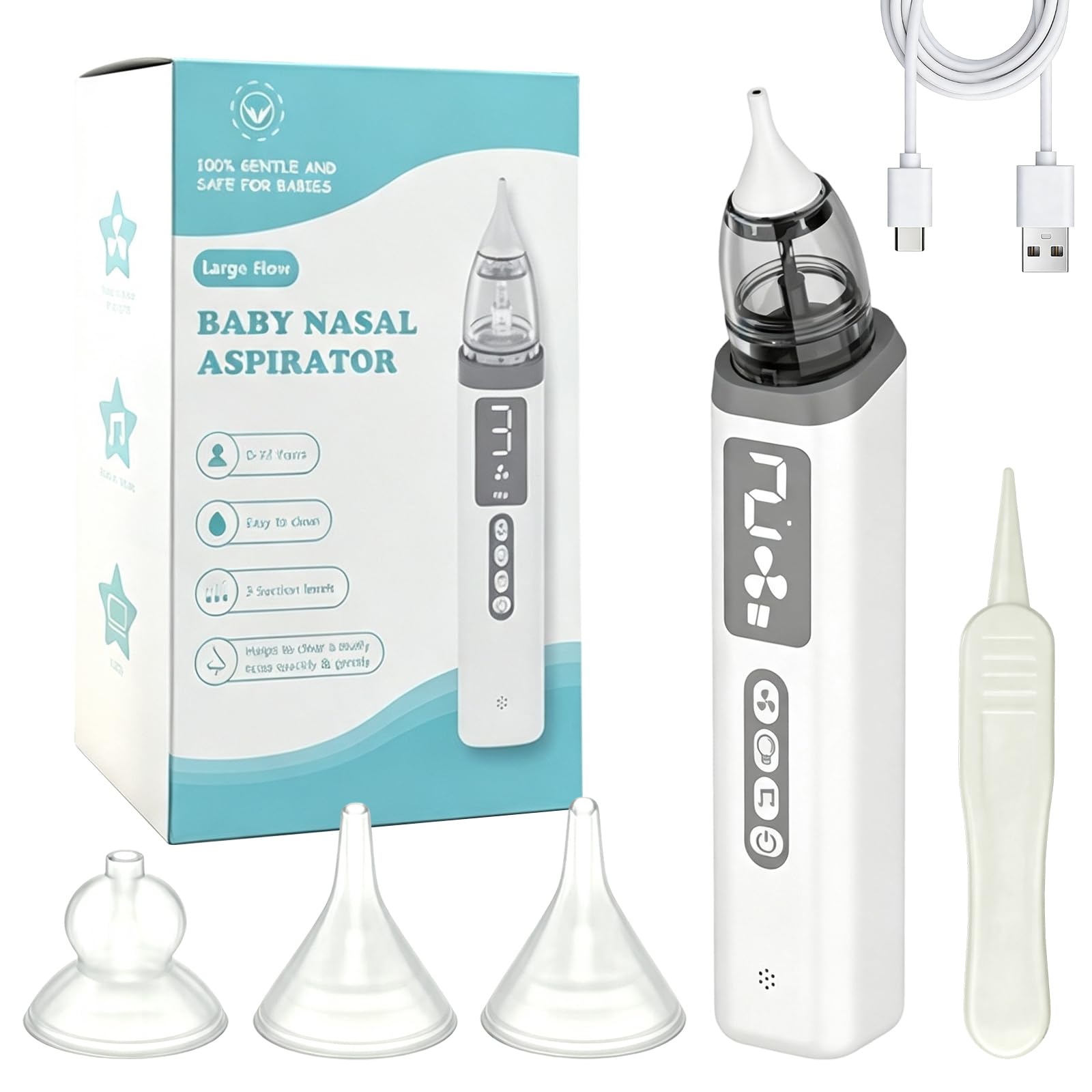 Aspiratore Nasale Neonato Elettrico con 3 Livelli di Aspirazione | Silenzioso & Portatile Aspiratore Nasale Neonati con 3 Punte in Morbido Silicone e Musica & Luce, Aliviare il Naso Bloccato
