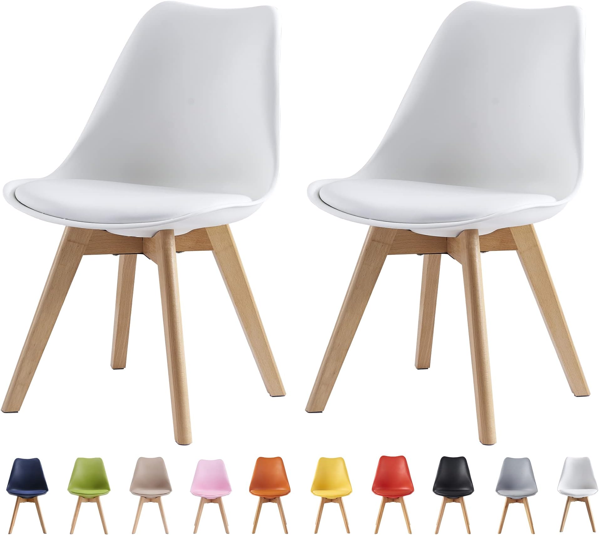 mcc direct Set of 2 Dining Chairs Wooden Legs Soft Cushion Pad Stylish DELUXE Retro Lounge Dining Office EVA (White)