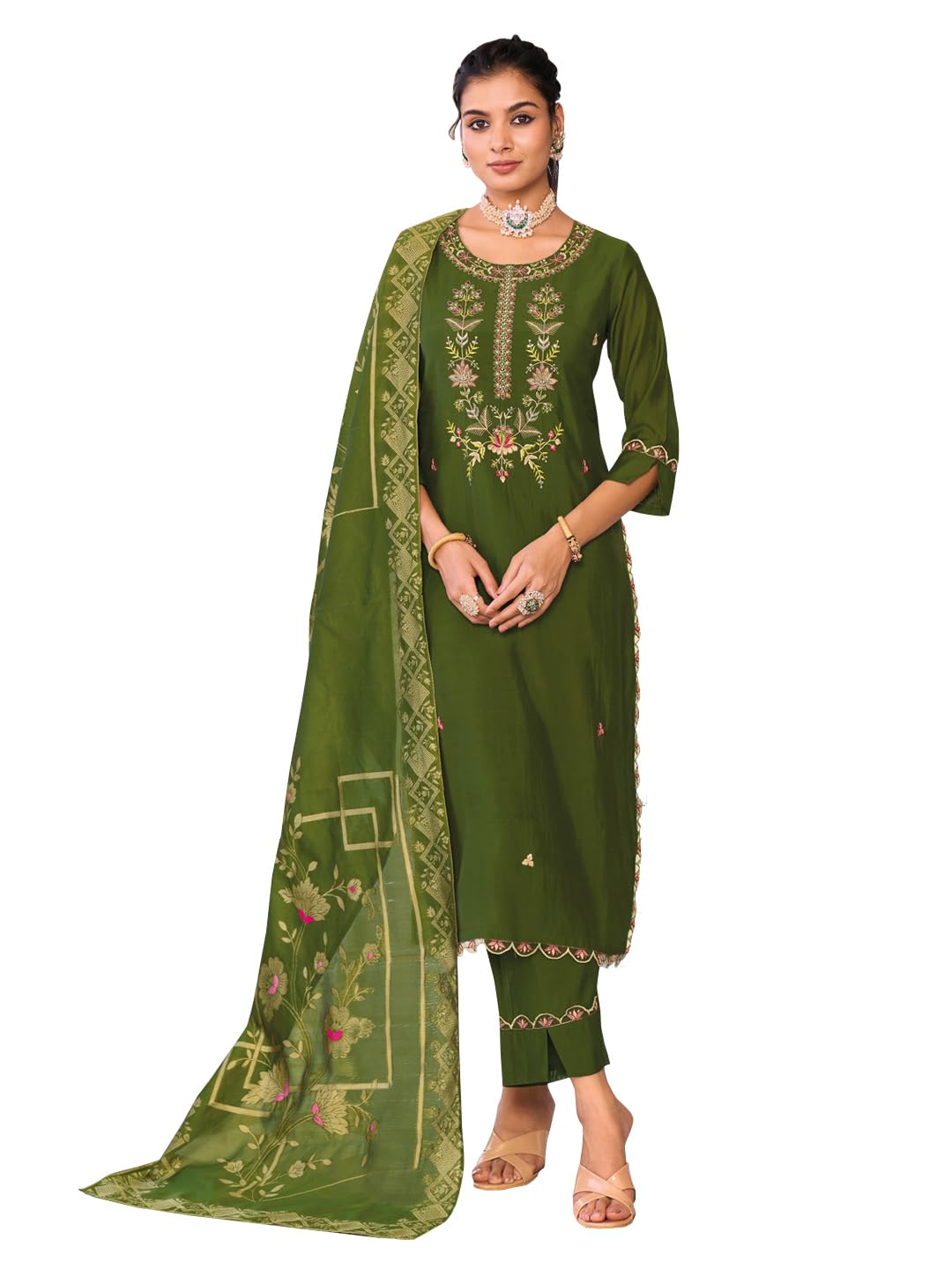 VredeVogel Women's Viscose Silk Embroidery Kurta with Pant & Jacquard Dupatta Set