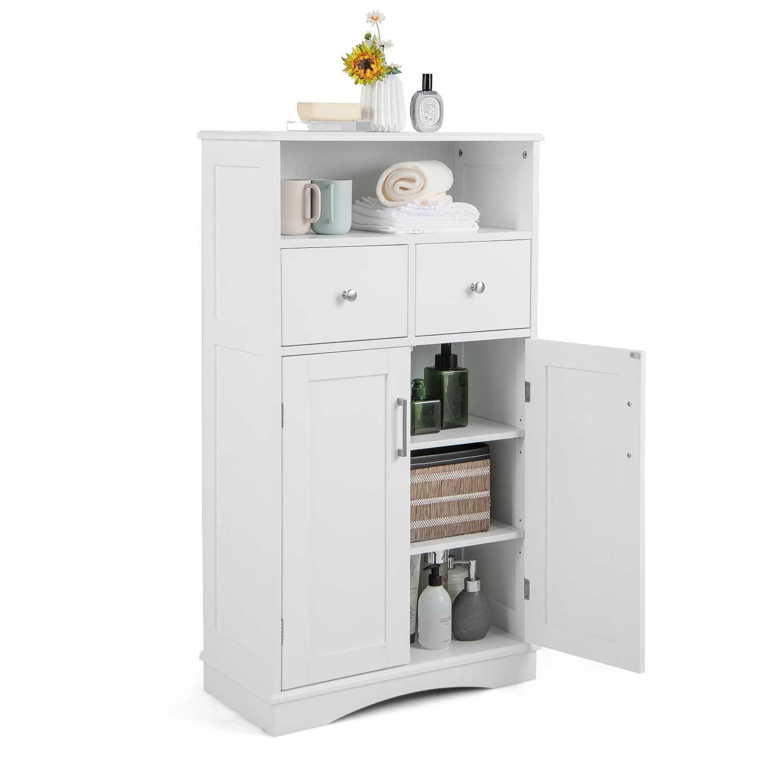 GOPLUS Szafka łazienkowa, szafka łazienkowa z otwartą półką i 2 szufladami, szafka dolna, szafka pomocnicza do łazienki i salonu, 60 x 30 x 108 cm (biała)