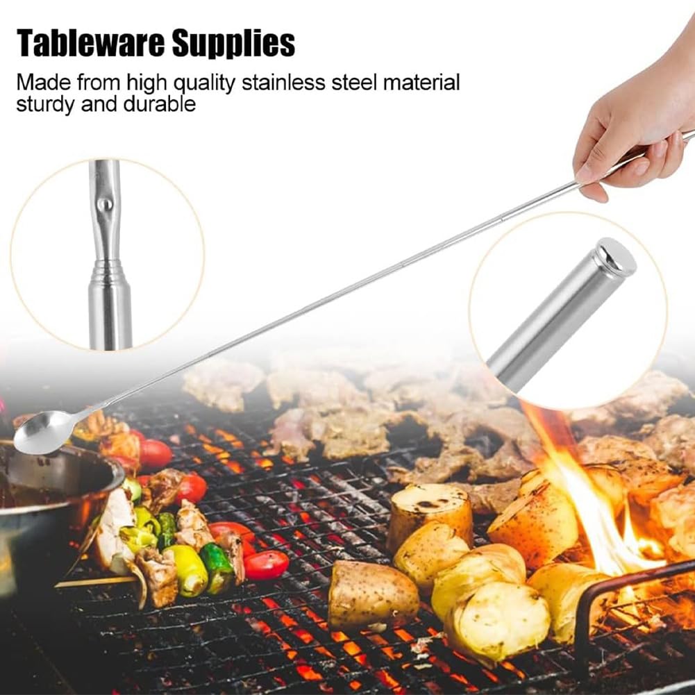 2 Pieces Extendable Fork and Spoon 22-63cm Stainless Steel Extendable Tableware BBQ Fork Long Retractable Spoon Long Handle Roasting Sticks for BBQ Camping Toasting Cocktail Dessert Dinner - Image 4