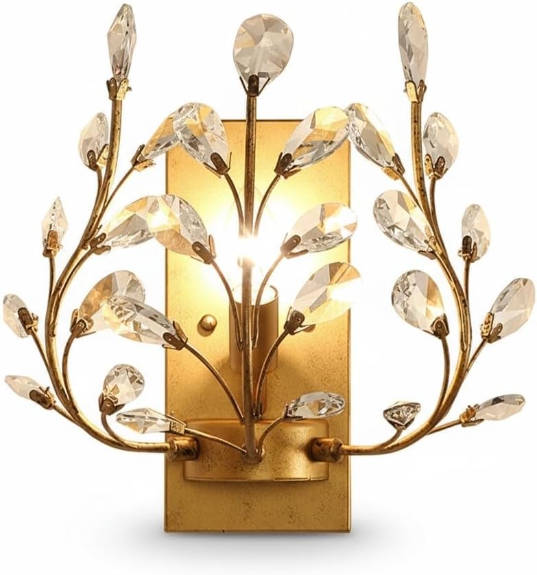 French Crystal Wall Sconce, Vintage Branch Wall Lamp with Metal Leaf Design, Luxury Elegant Bedside Light for Bedroom, Living Room, Hallway, Entryway, Foyer, Vanity Mirror Parlor(Gold)