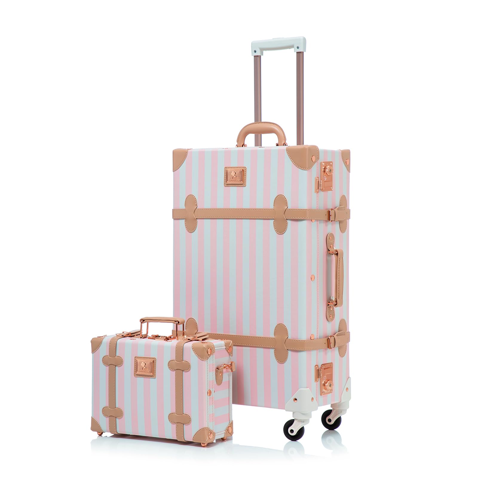 UNIWALKER Vintage Suitcase Set, 2 Piece Faux Leather Trunk Luggage with Spinner Wheels TSA Lock and Cosmetic Train Case for Women, Pink Strip, 26"+12"
