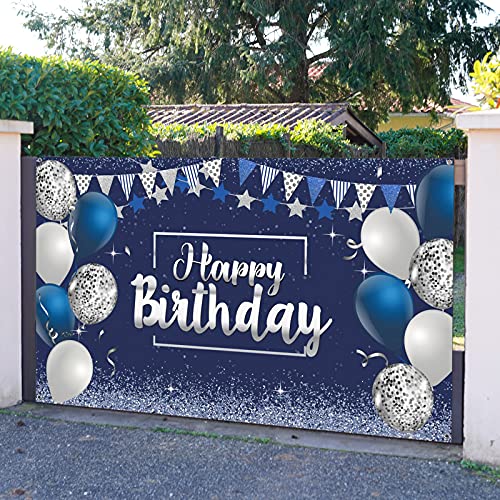Happy Birthday Decorations Backdrop, Glitter Birthday Backdrop Sign, Happy Birthday Banner, Birthday Party Supplies Photo Background For Children Men Women, 72.8 X 43.3 Inch (Silver And Navy Blue) #TOP4