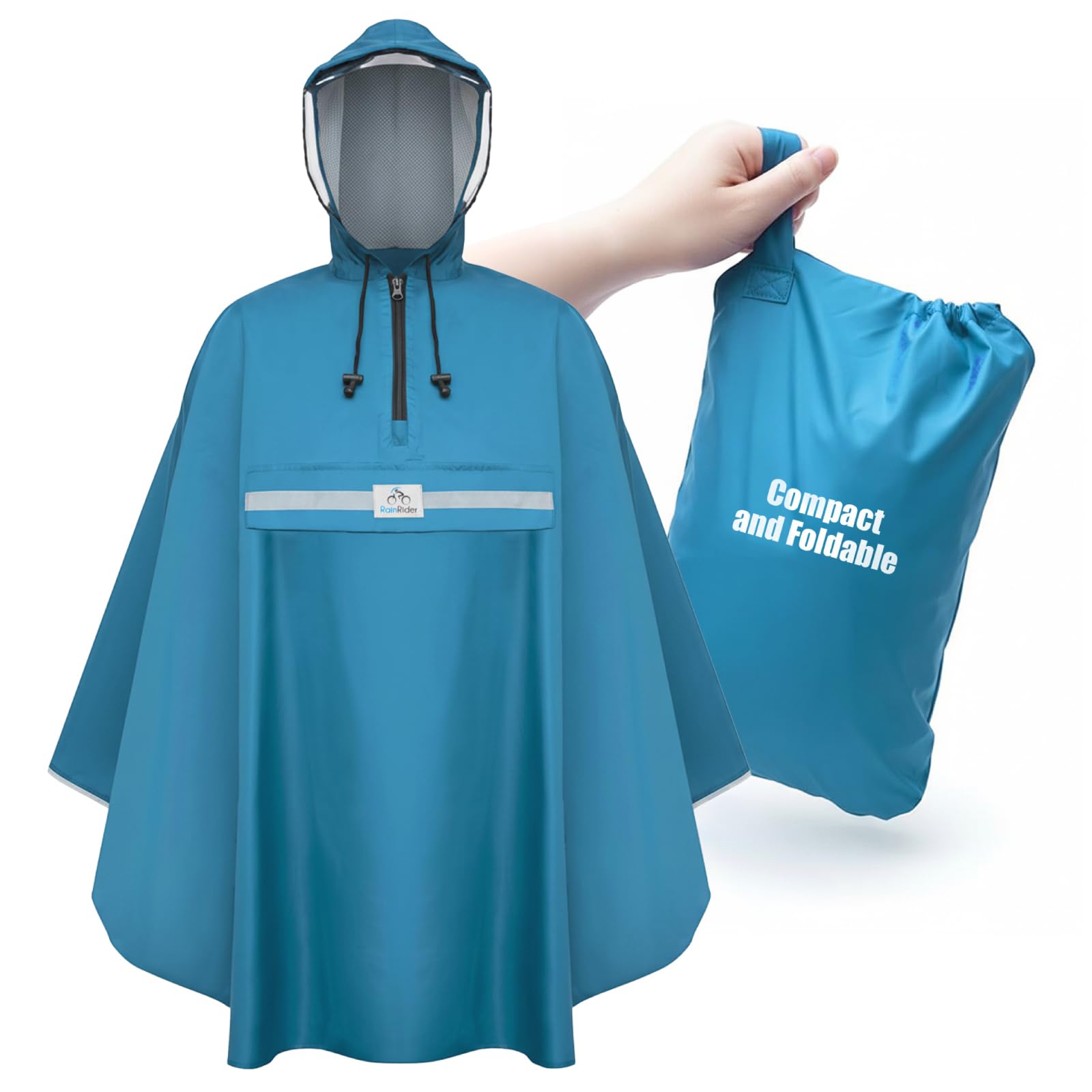 RainRider Ponczo przeciwdeszczowe (horyzont niebieskie) ponczo przeciwdeszczowe na rower, odzież przeciwdeszczowa z kapturem w zestawie z okienkiem, peleryna przeciwdeszczowa rower z paskami