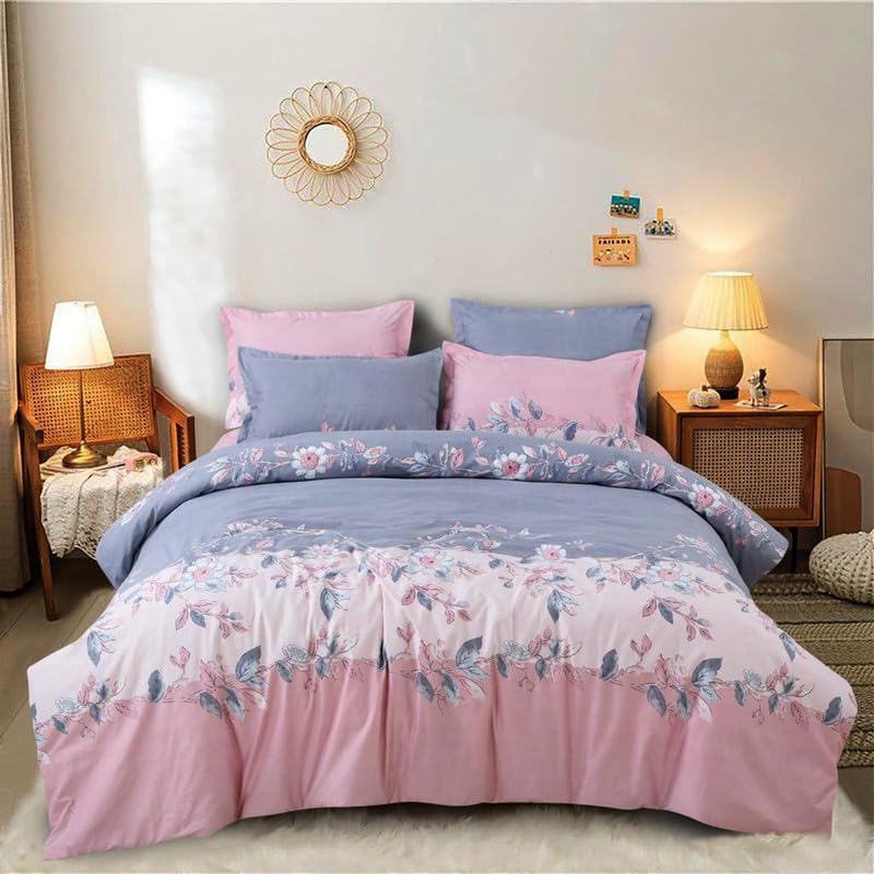 Image of Polycotton Printed 120 TC Comforter & Bedsheet Double Bed Bedding Set, Queen Size (90x100 inch), Pink & Blue, 4 Pieces