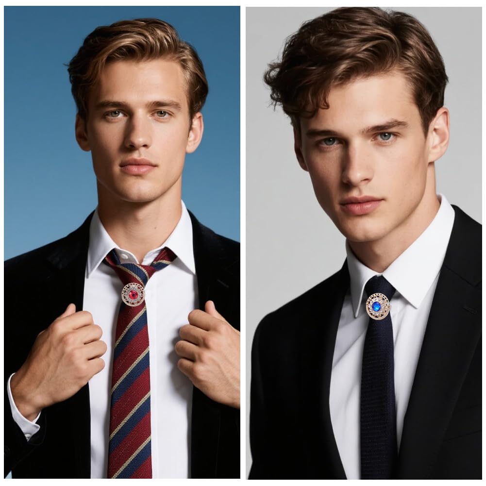 2 pz. Anelli per Cravatta Da Uomo Rotondi e Piatti con Cristalli Scintillantis CHISusura per Cravatta In Lega con Strass Lucidi Porta Anelli Accessori Set per Uomo Gioielli Da Sposa Regalo F