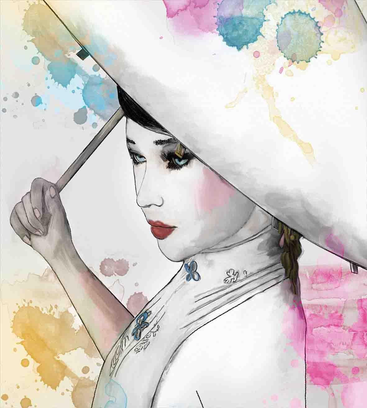 Ambesonne Asian Duvet Cover Set, Eastern Woman Girl with Oriental Umbrella Drawing with Watercolor and Brushstrokes, Decorative 2 Piece Bedding Set with 1 Pillow Sham, Twin Size, Coconut