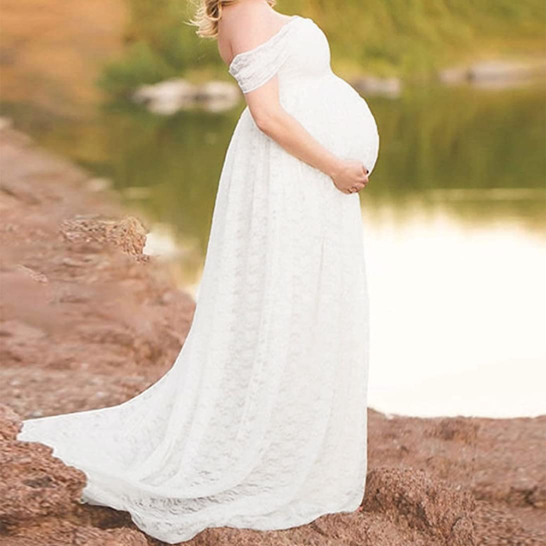 Robe de Photographie de maternité Fantaisie en Dentelle, Robe Grossesse Florale à épaules dénudées pour Femme Blanc 2XL