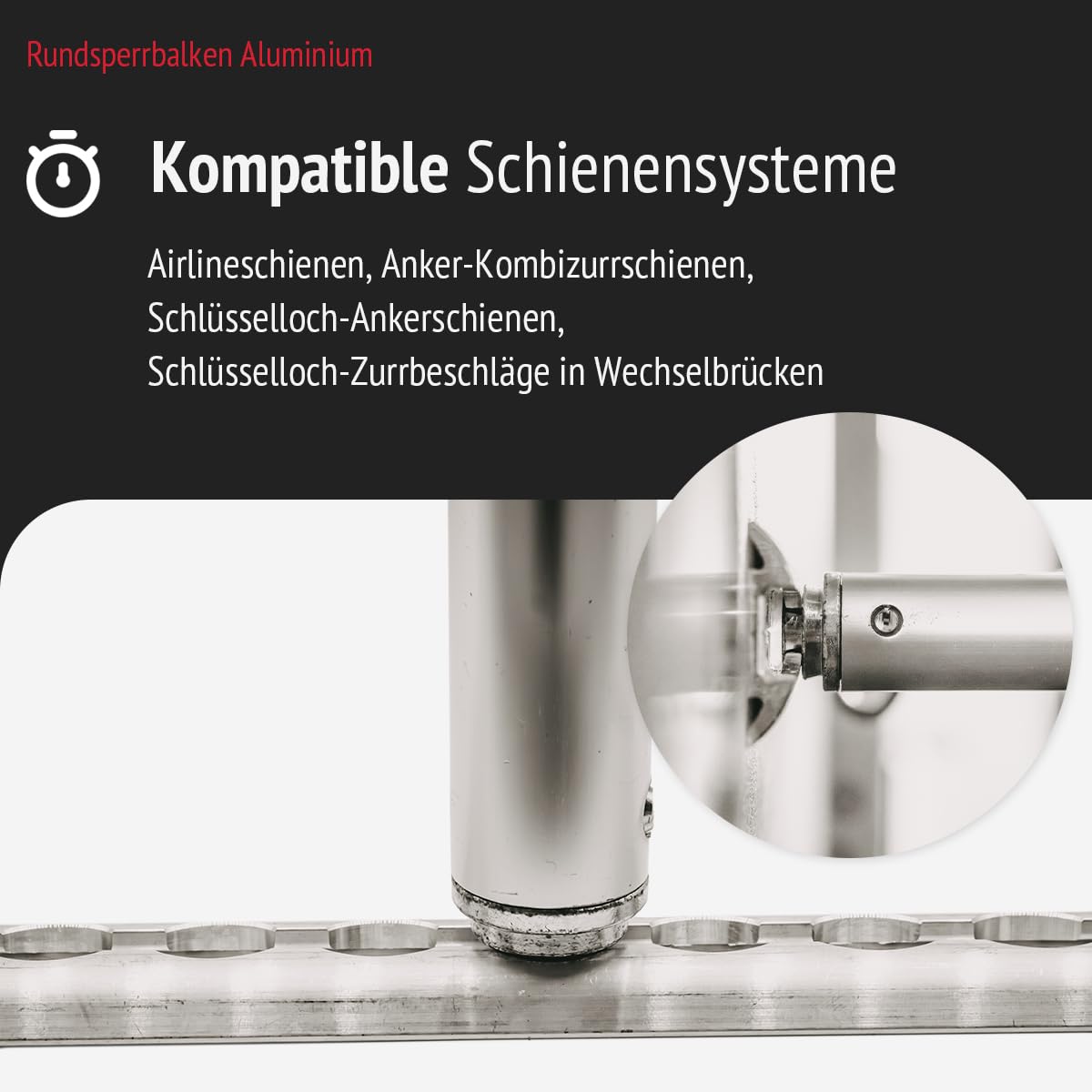 Rundsperrbalken Alu verstellbar Einsatzbereich: 1470 – 1980 mm | Sperrstange | eloxiertes Aluminium | mit Kombizapfen | für Airline- und Zurrschienen