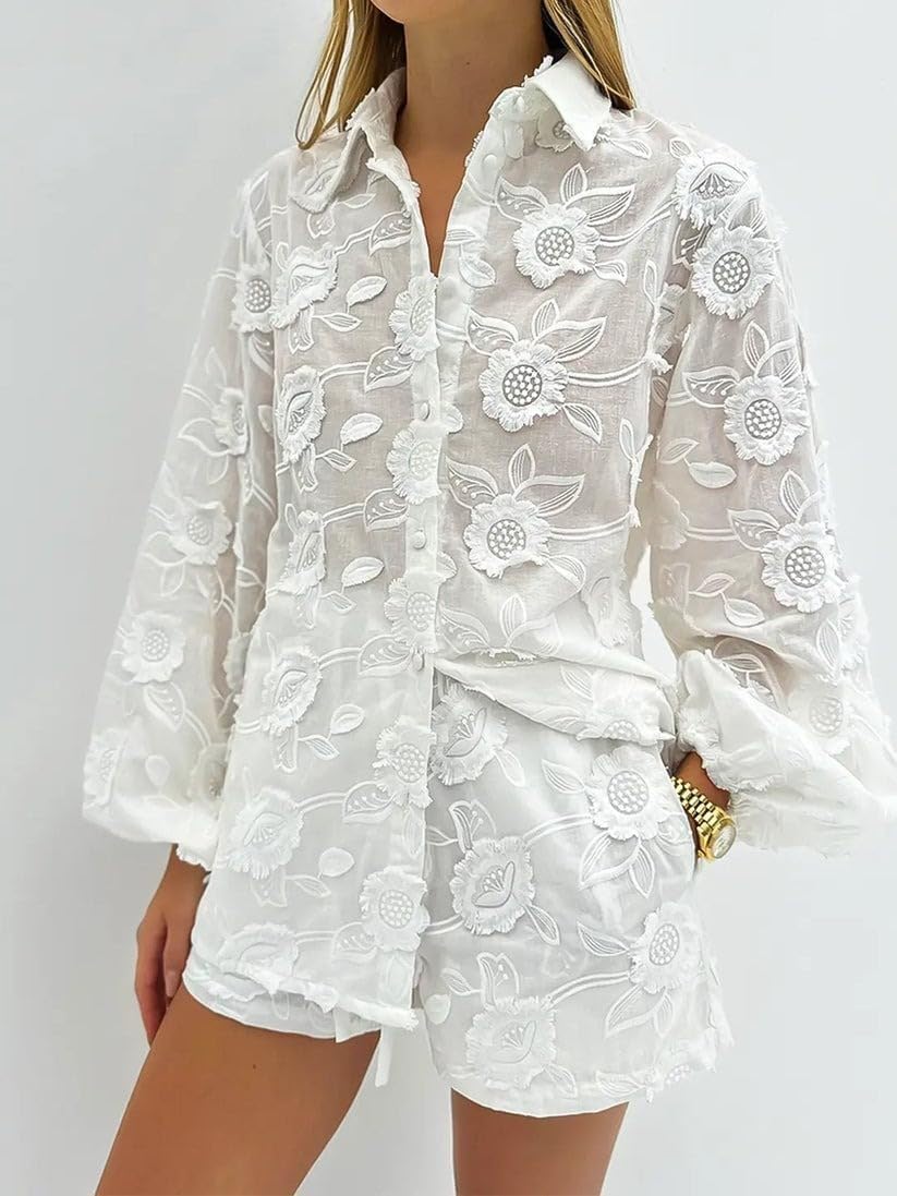 Women Two Piece Sets Dressy Long Sleeve Floral Embroidery Casaul Lace Blouse and Shorts with Tied Summer Outifts