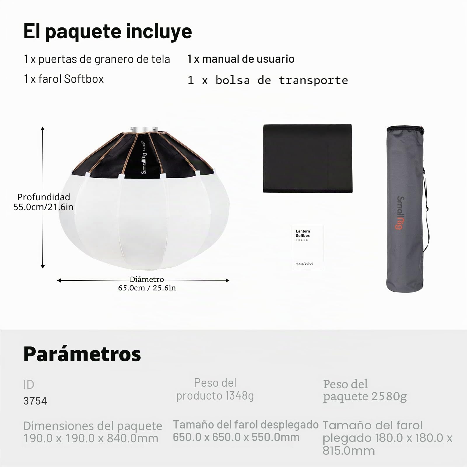 SMALLRIG RA-L65 Linterna Softbox, 26in/65cm Modificador de Luz con Puertas de Granero de Tela para Video Light 120B, 120D, 220B, 220D, Compatible con Aputure Luz 600d Godox SL60W, NS65L - 3754