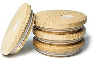 4 Pack Bamboo Lids for Glass Cups with Straw Hole