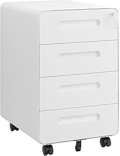 Rollcontainer mit 4 Schubladen, Aktenschrank, Abgerundetes Eckendesign, Abschließbar, 4 Schlüsseln, Schubladenschrank für Büro und Home Office, Weiß