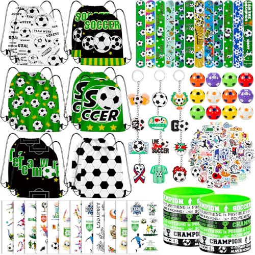 Image of SZCECHRE 122Pcs Soccer Party Favors Drawstring Bags Including Silicone and Slap bracelets, Keychains, Tattoo Stickers,Mini Ball for Soccer Themed Party Supplies