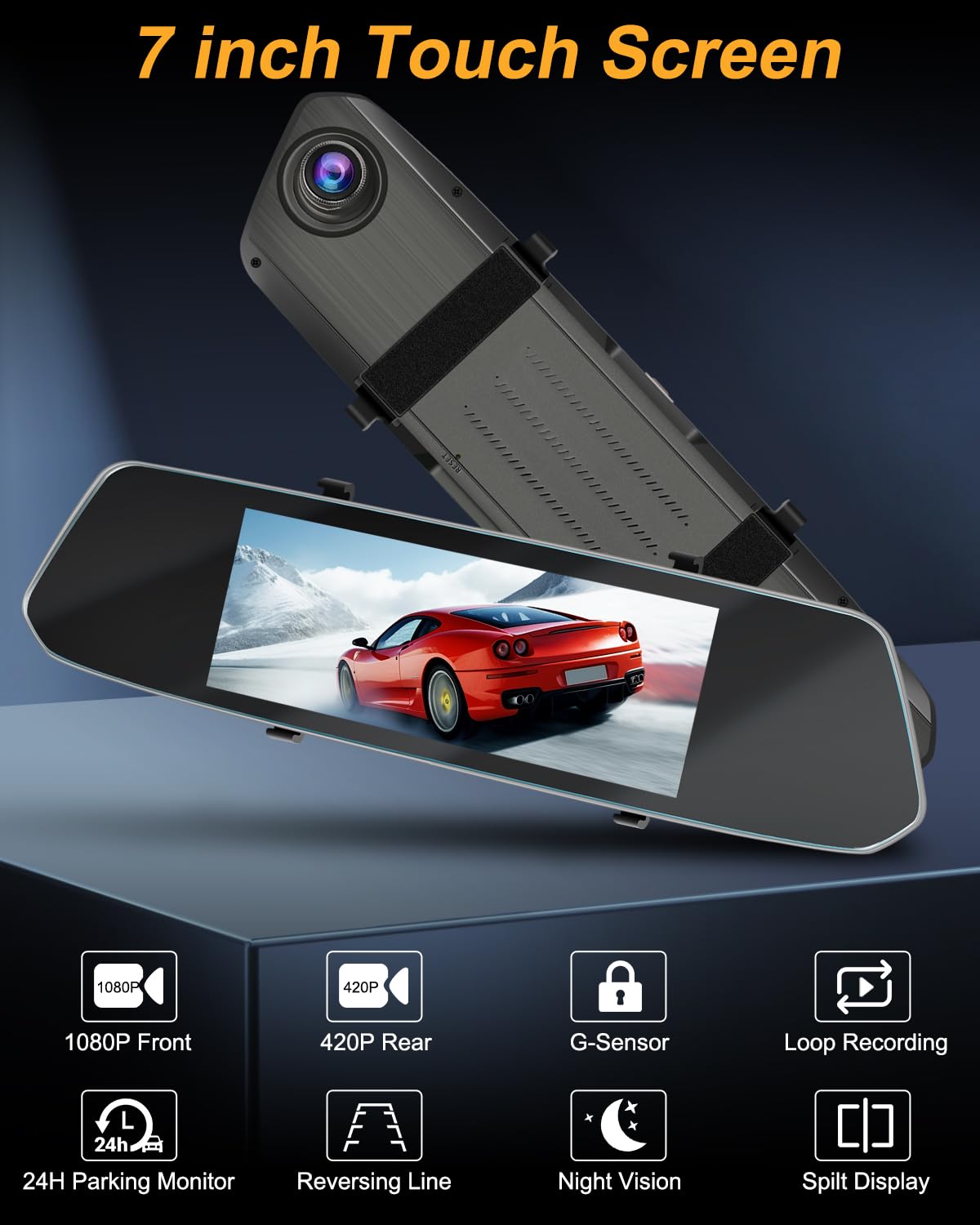 NHOPEEW Dash Cam a specchio da 7 pollici con doppia telecamera anteriore e posteriore - Sensore di gravità/registrazione in loop/rilevamento del movimento/monitor di parcheggio + scheda SD da 64G