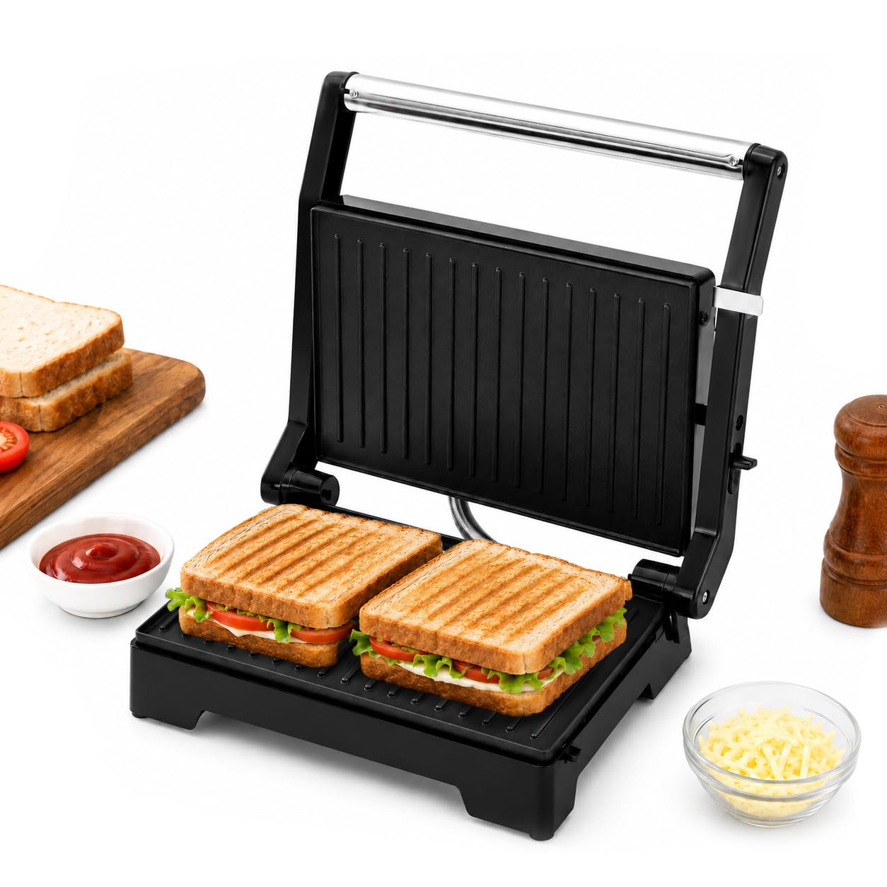 Longway Crisp Master 1000 W Electric Panini Sandwich Maker, Grill & Toaster | Non-stick Coating Cast Aluminum Plates | Adjustable Height Control & Floating Hinges (Metallic Silver)-image-31