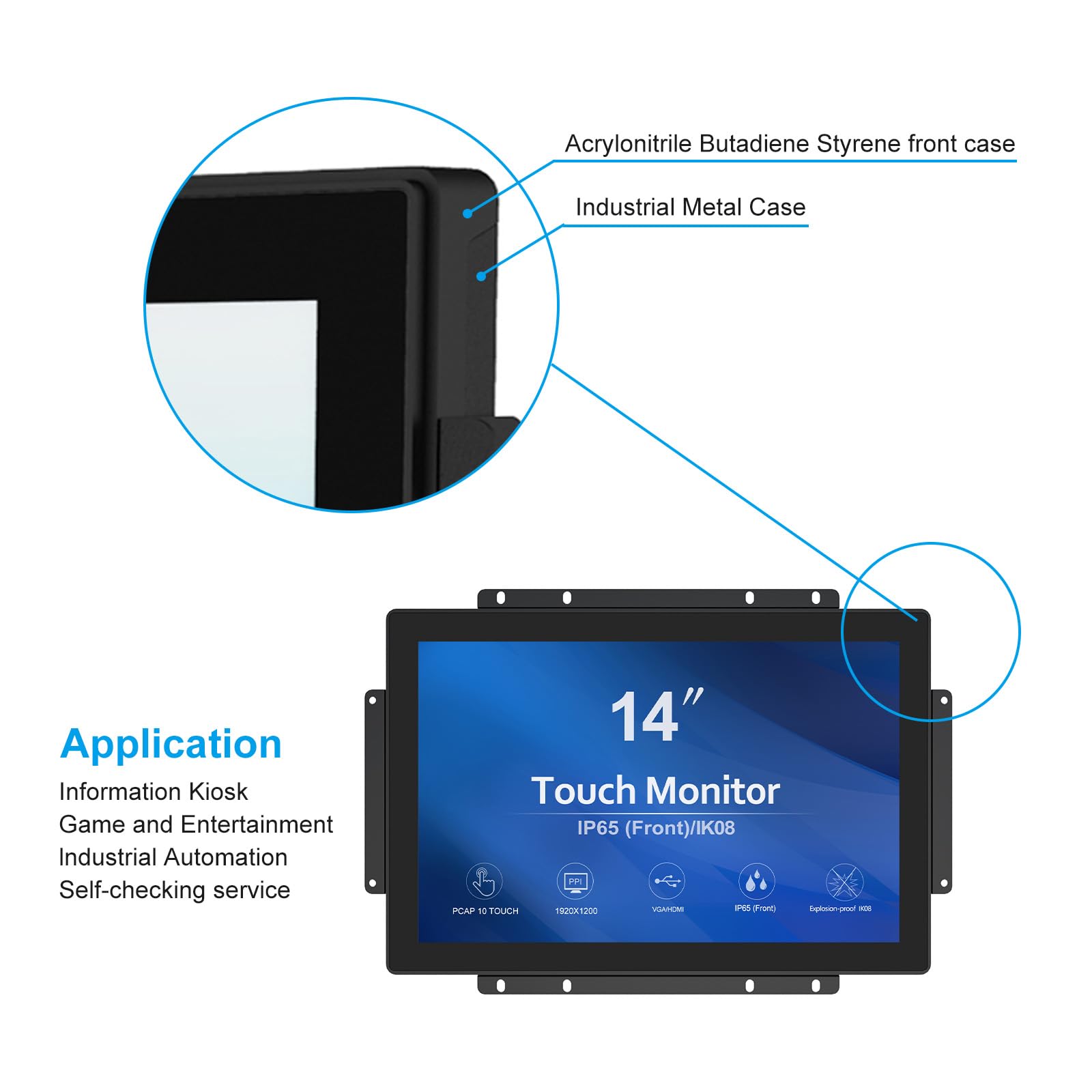 GreenTouch Monitor touch screen industriale da 14 pollici, 1920 x 1200 pixel, 10 punti PCAP Open Frame, HDMI, VGA, DVI, frontale IP65 IK08, nero