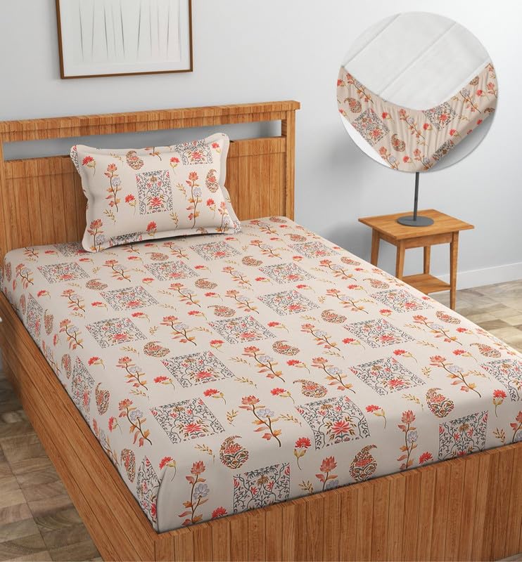 Image of NEW LEAF Premium Cotton Elastic Fitted Bedsheets with 1 Pillow Covers |Printed Single Bed Elastic 220 TC Supersoft Breathable & Wrinklefree | for 72x36+6 Inches, Almond