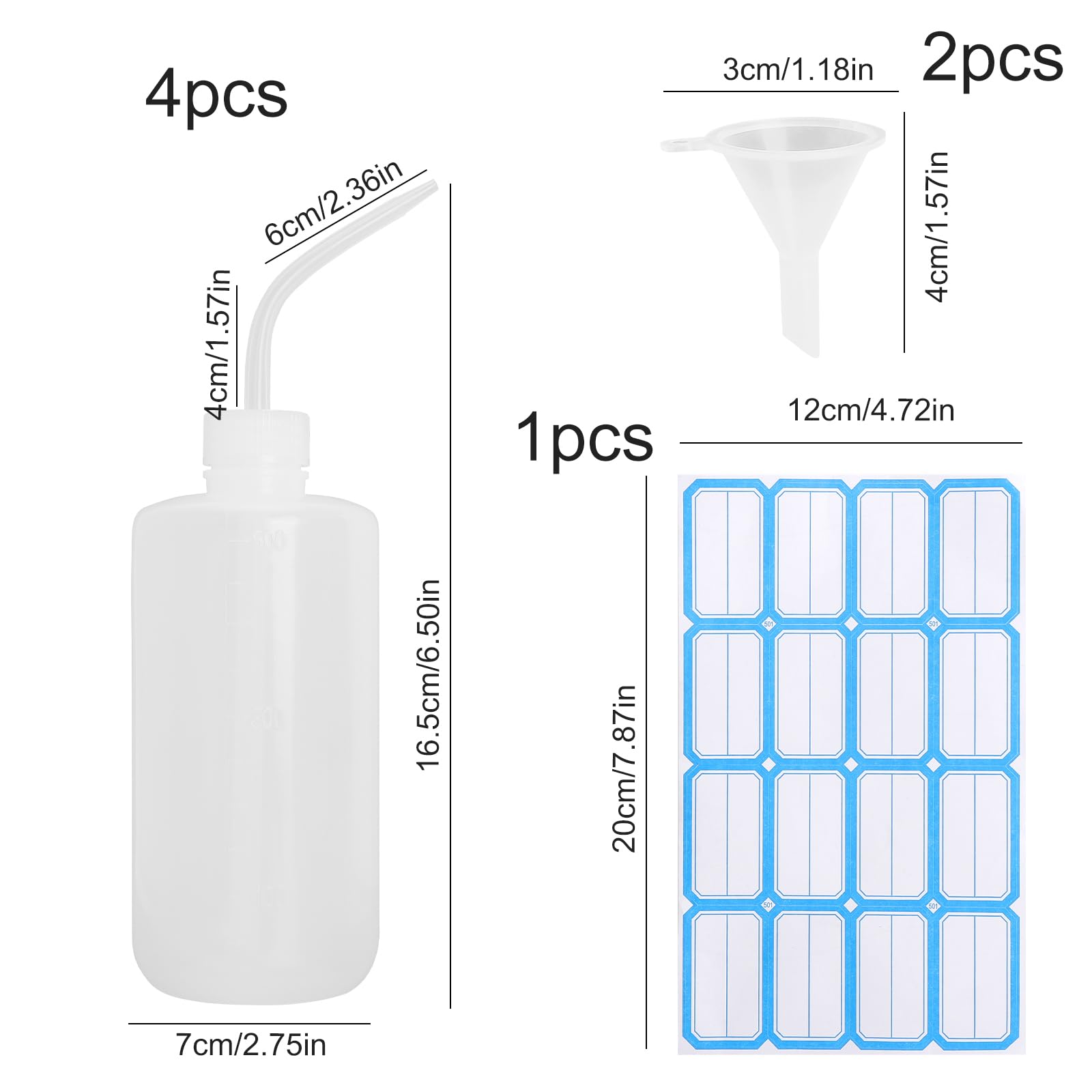 Spritzflasche 500ml Set 4 Stück – Dosierflasche HDPE mit gebogenem Ausguss, Squeeze Bottle mit Trichter und Etiketten, Laborflasche Auslaufsicher für Küche Auto Reinigung DIY