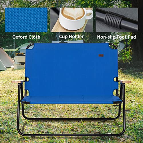 Outsunny Double Folding Camping Chair, Loveseat For 2 Adults, Portable Camping Couch With Wood Armrest & Cupholders, For Backpacking, Beach, Sports Travel, Blue #TOP6
