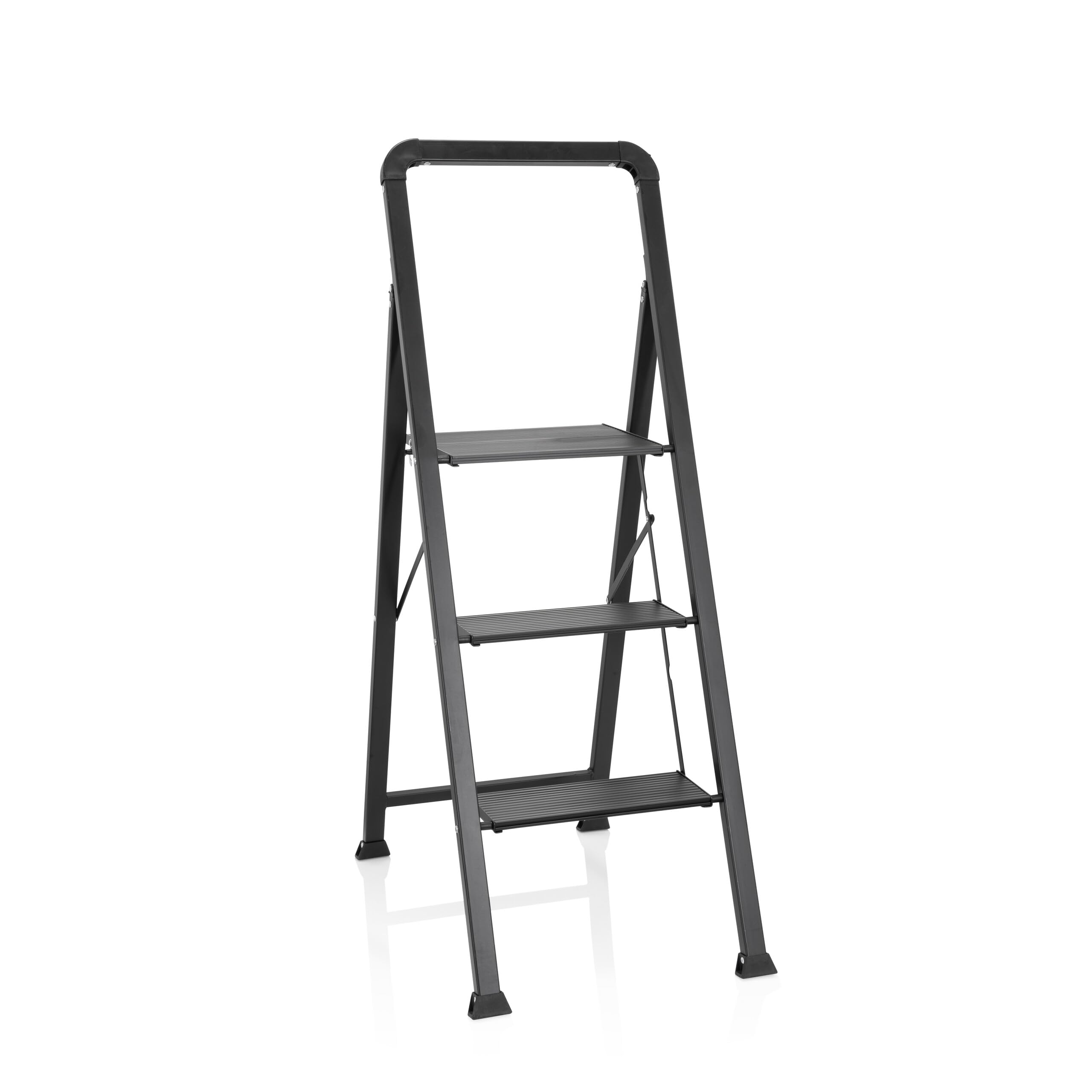 hjh OFFICE Klappleiter 3 Stufen SOLID W6 Aluminium Trittleiter, bis 150 kg belastbar, Tritt klappbar, Schwarz, 801206