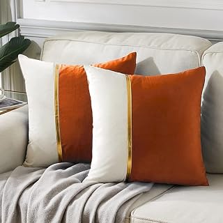 2 paquets de taies d'oreiller décoratives d'automne 18x18 pouces pour canapé-lit de salon, patchwork de velours orange brun et blanc avec cuir doré, housse de coussin carrée de luxe pour la maison 45x