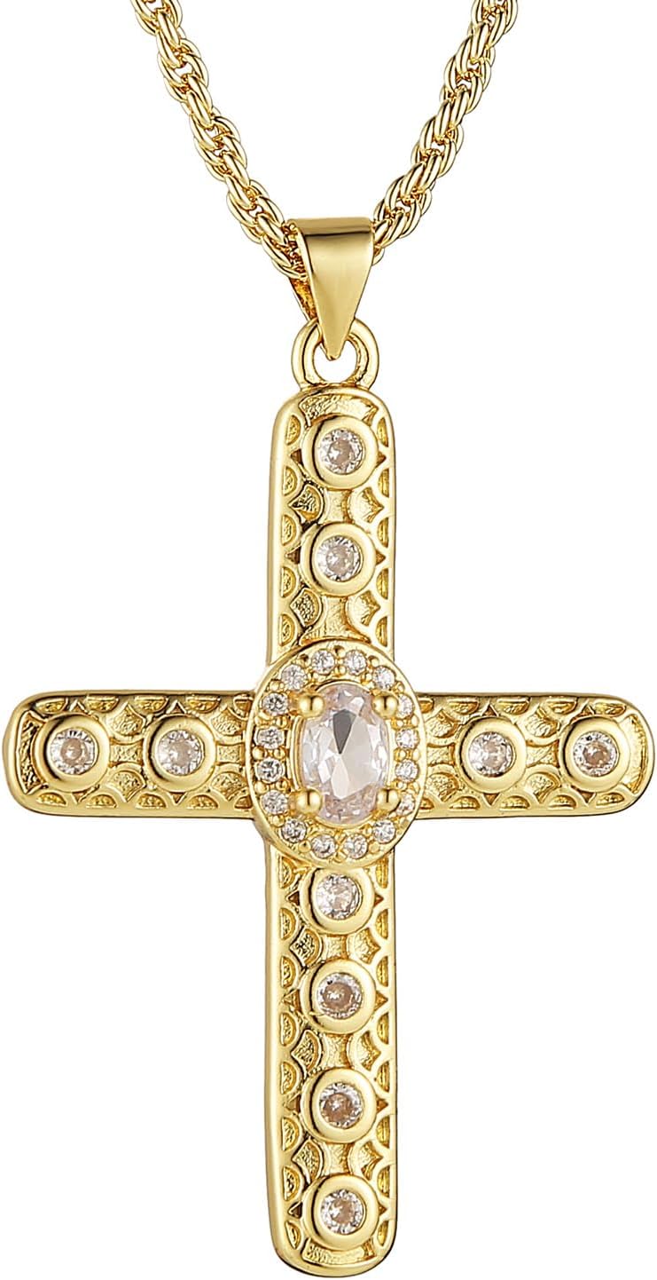 HZMAN Gold Cross Necklace for Women 18K Gold Plated Necklace Dainty Retro Cubic Zirconia Cross Necklace Pendant Jewelry Gift