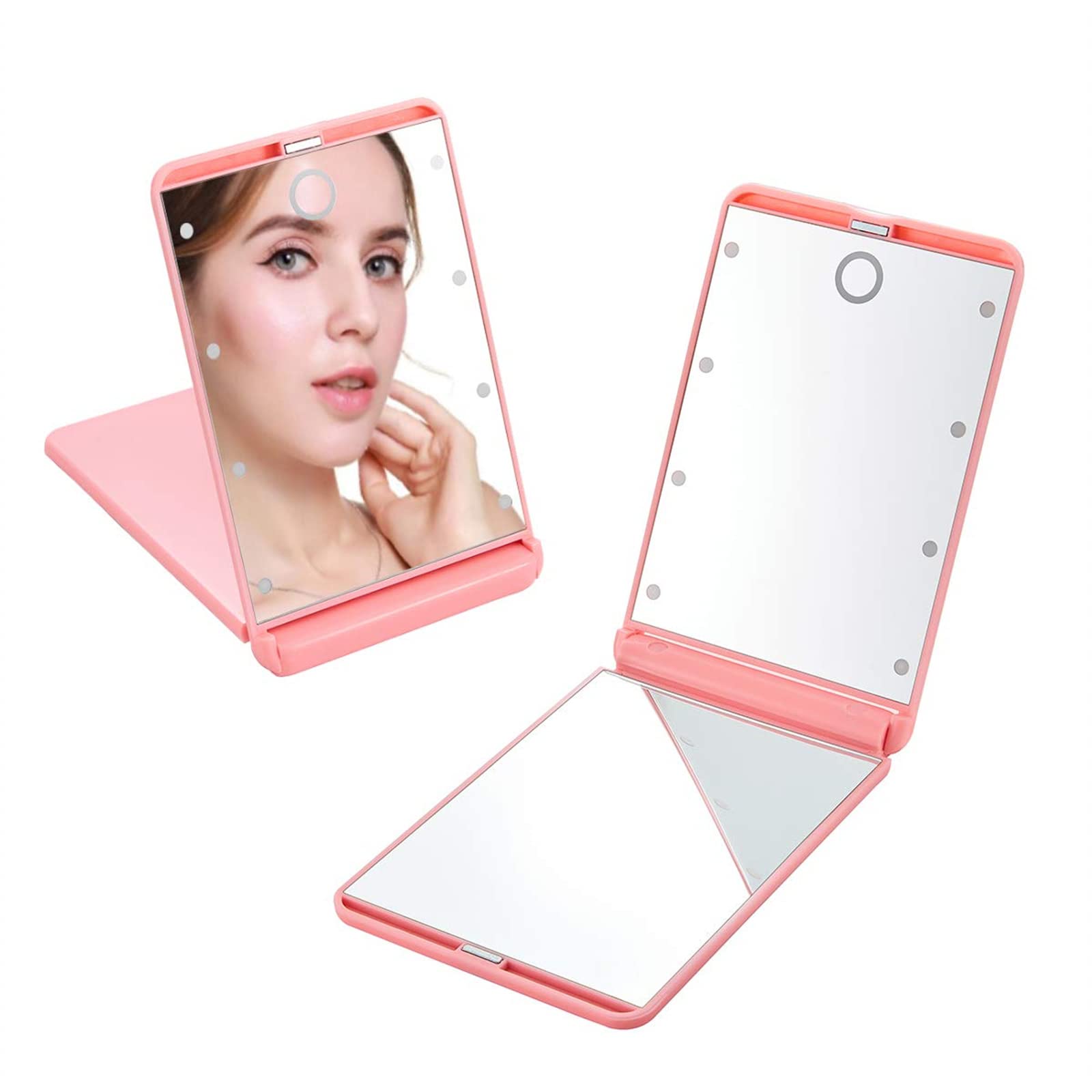 Arabest LED Lighted Travel Mirror, 1X/2X Magnification Folding Compact Mirror, Portable Makeup Mirror with 8 Dimmable LED Lights, Touch Switch Travel Tabletop Cosmetic Mirror (Pink)