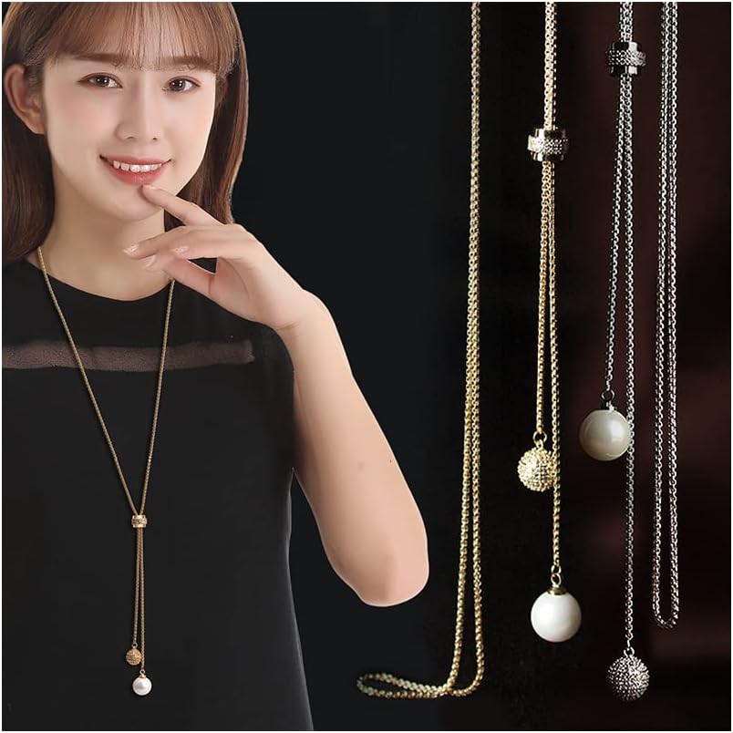 Pearl Pendant Long Necklace for Women Sweater Chain Statement Necklace Choker Adjustable Elegant Jewelry Crystal Accessories Dressy Collocation Winter Evening Party Wedding (Gold, Adjustable) - Image 2