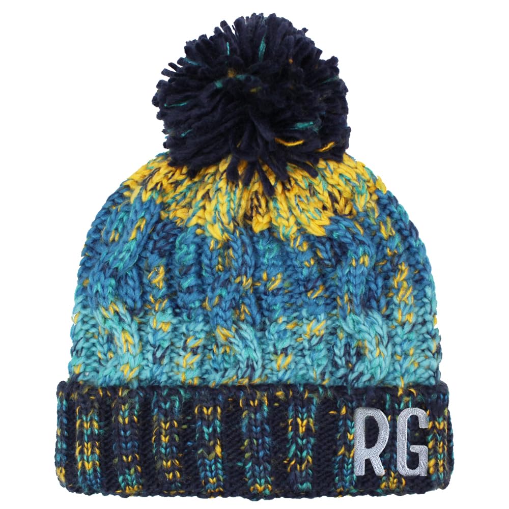Teddyt's Women's Blue Yellow Navy Personalised Embroidered Cable Fleck Knitted Adult Bobble Hat (Blue Yellow Navy)