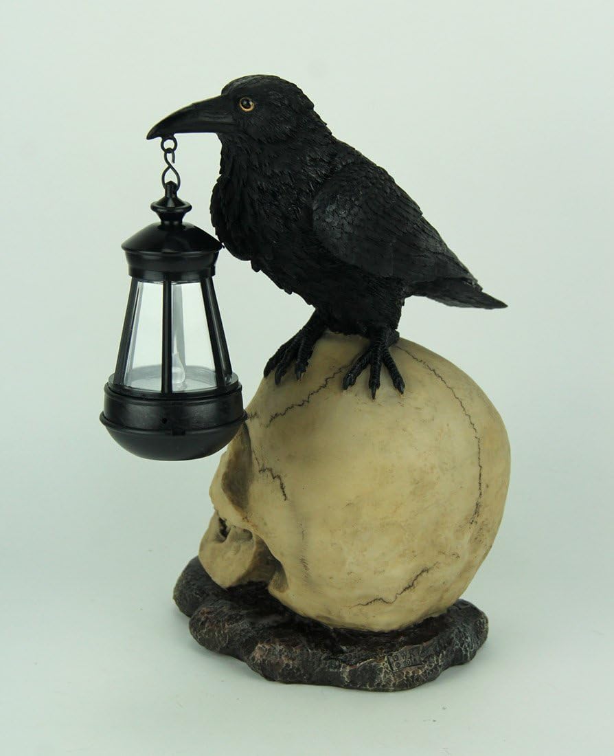 Light of The Dead Raven On Skull Solar LED Outdoor Statue