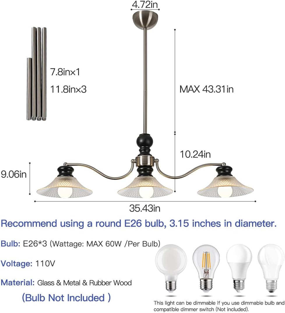 Modern 3 - Light Kitchen Island Pendant Light, Brushed Nickel Finish with Solid Wood Accents, Glass Shades, Industrial Farmhouse Chandelier