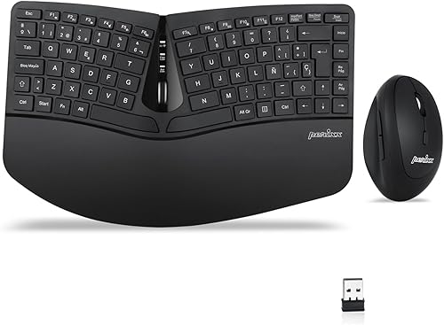Perixx PERIDUO-606 ES Conjunto de teclado Compacto Ergonómico inalámbrico y Ratón Vertical portátil - con reposa muñeca Ajustable y Teclas de