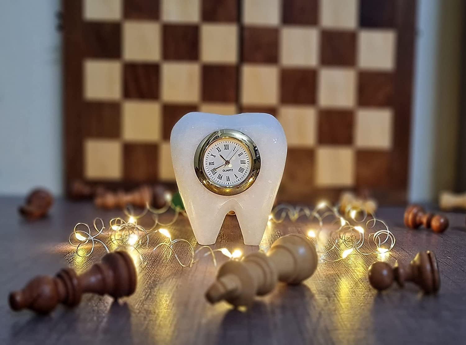 Tooth Shape Dentist Desk Marbel Table Clock for Decor and Paper Weight, Ideal Gift for Dentists and Doctors (Sangemarmar Marble Tooth Clock)