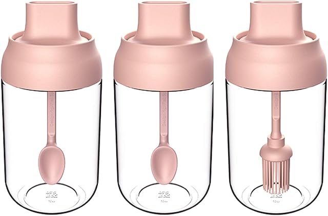 All-Pie Seasoning Box Set of 3 Spice Jars 8.45 oz Salt Sugar Glass Condiment Pots Transparent Storage Container with Spoon, Olive Oil Bottle with Brush, Sealed against moisture (Pink)