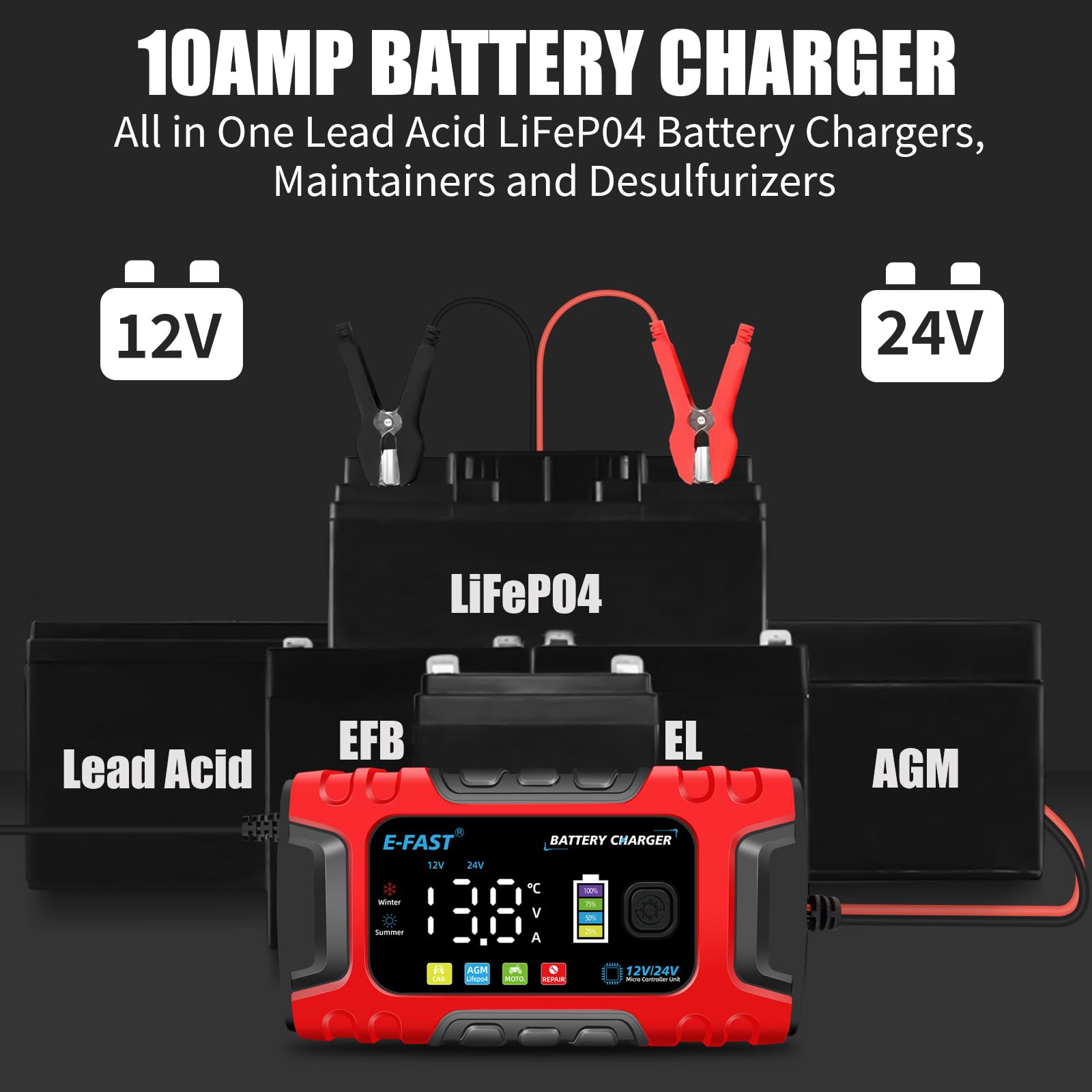 E-FAST Battery Charger, 10A Lifepo4 Lead Acid 12V/24V Smart Car Battery Charger Battery Maintainer Trickle Charger, Battery Desulfator with Temperature Compensation for Truck Moto AGM Boat Batteries