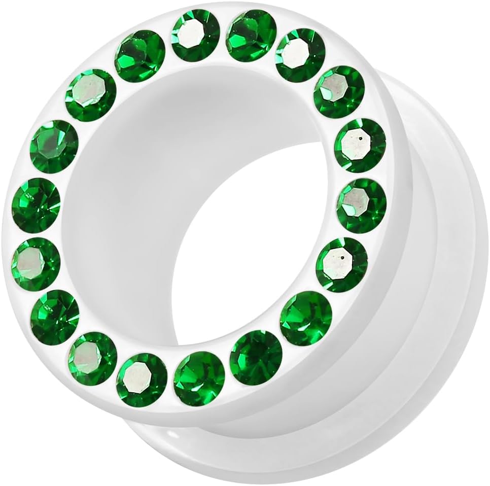 Multi Emerald Green Crystal Stone Setting on White Acrylic Ear Gauge Flesh Tunnel