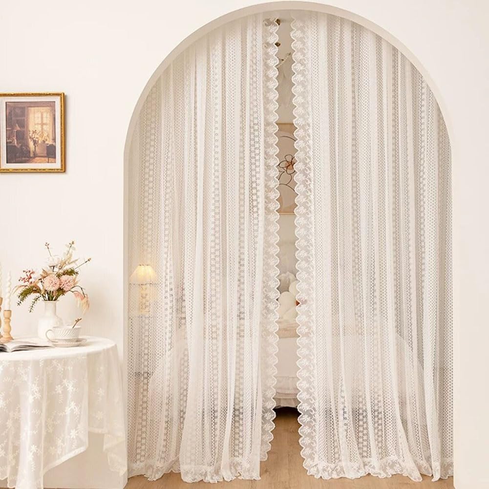 Lot de 2 Rideaux en Dentelle Blanc, Rideau Voilage Romantiques Français Filtrant la Lumière Passe-Tringle Bords Festonnés pour Salon Chambre(WxH160x130cm/63x51inch)
