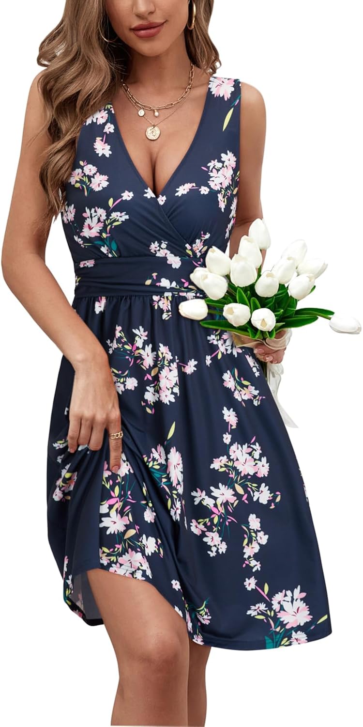 Women's Summer Spaghetti Strap V-Neck Floral Short Party Dress with Pockets