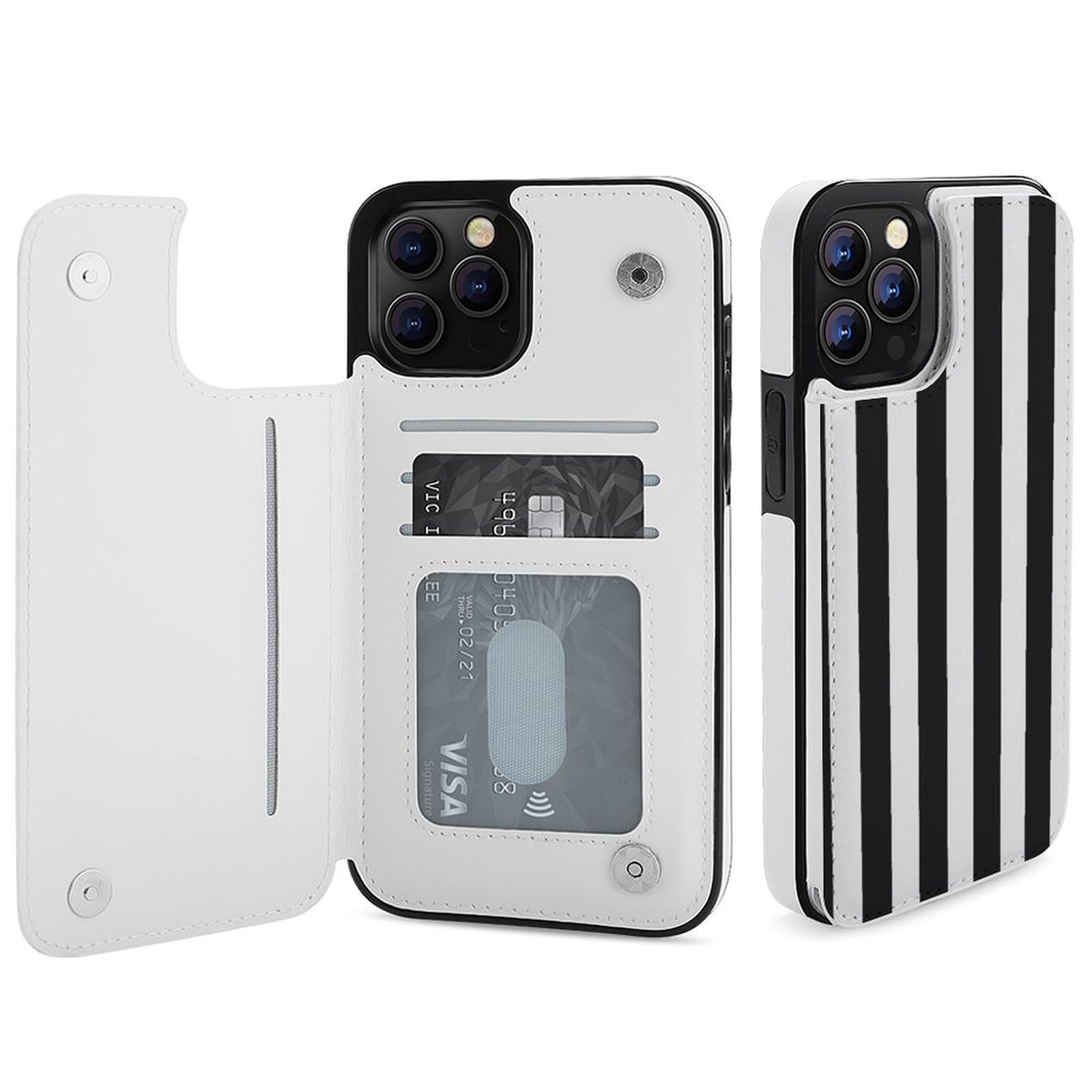 Fundas tipo cartera para iPhone 12 Pro Max, con estampado de rayas blancas y negras, funda de piel con ranuras para tarjetas