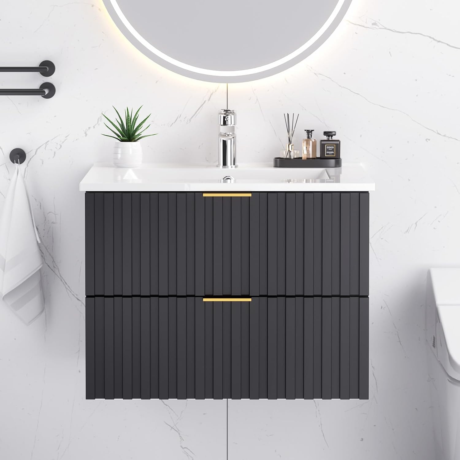 ModernMate Bathroom Vanity with Sink, Wall Mounted Fluted Cabinet with 2 Golden Metal Handle Drawers, Modern Floating Bathroom Cabinet with Ceramic Integrated Basin (Black, 24")
