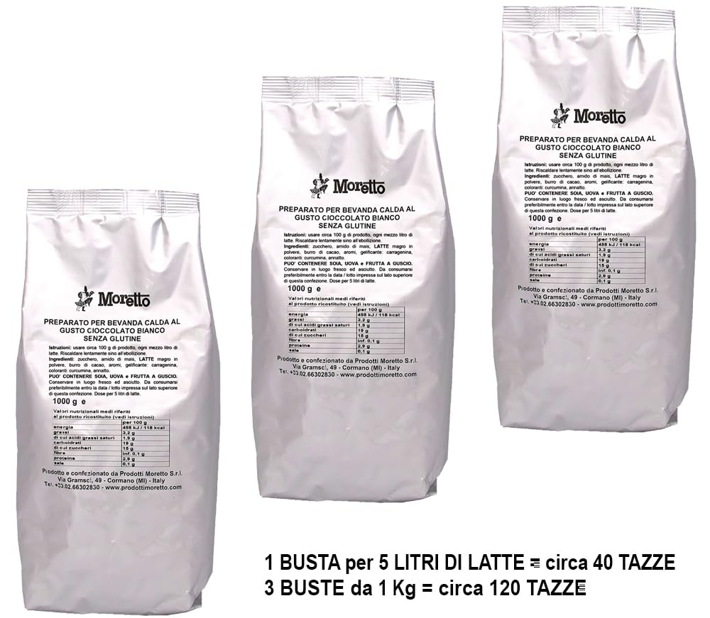 MORETTO preparato in polvere per cioccolata BIANCA, senza glutine, 3 buste da 1 Kg, per 120 tazze