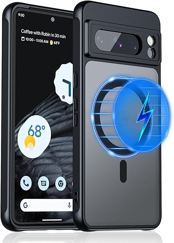 Funda magnética para Google Pixel 8 Pro compatible con MagSafe delgada, translúcida mate, parte trasera dura y parachoques negro suave, cubierta a