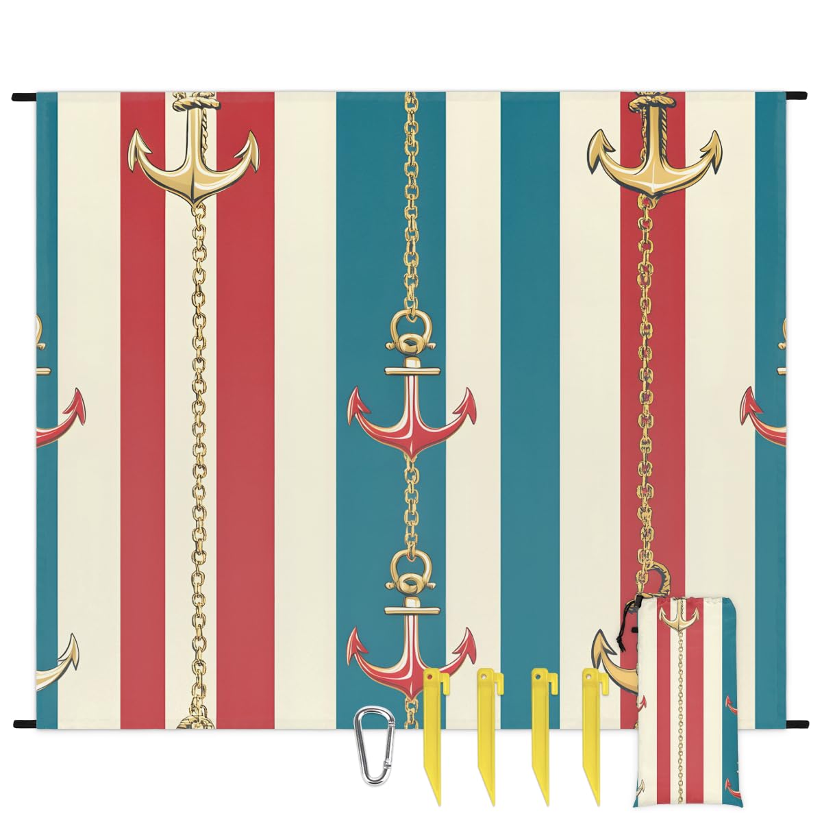 Eabrults Waterproof Sandproof Beach Blanket, 59''×68'' Ocean Anchor Pattern Polyester Outdoor Picnic Blanket with 4 Stakes & Storage Bag for Beach,Camping,Vacation