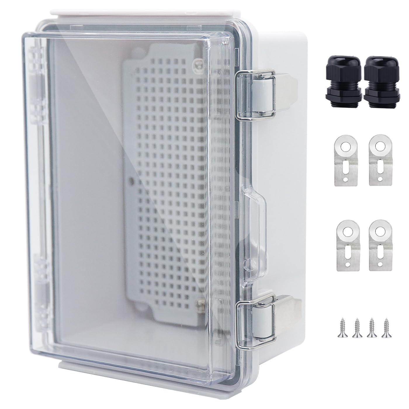 IP67 Waterproof Junction Box, ABS Plastic Electrical Enclosure with Stainless Steel Latch, Hinged Cover Electric Box with Mounting Plate, Wall Brackets & Cable Glands 280x190x130mm — Amazon image 26