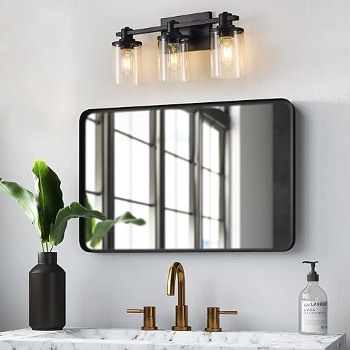 Miniatura 2 de DADUL 3 lámparas de tocador de baño negras y doradas sobre el espejo, moderna lámpara de tocador dorada con pantalla de vidrio transparente, aplique