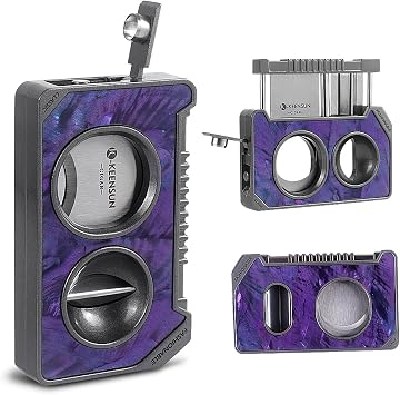 KEENSUN 3 in 1 Cigar Cutter, Natural Abalone Shell Zinc Alloy Guillotine, Straight/V Cut & Hidden Cigar Punch, 420J2 Stainless Steel Blade Portable Clipper, Ideal Gift for Cigar Lovers Men Purple