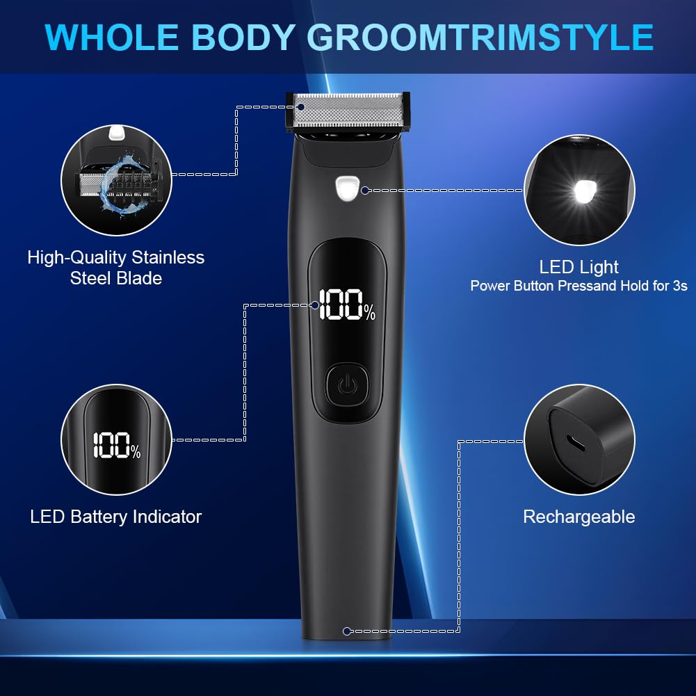Tondeuse Corps Homme,Tondeuse Intime Homme avec écran LED,Rechargeable par USB-C,IPX7 Rasoir Intime Étanche Wet & Dry pour Aisselles,visage,maillot,poils