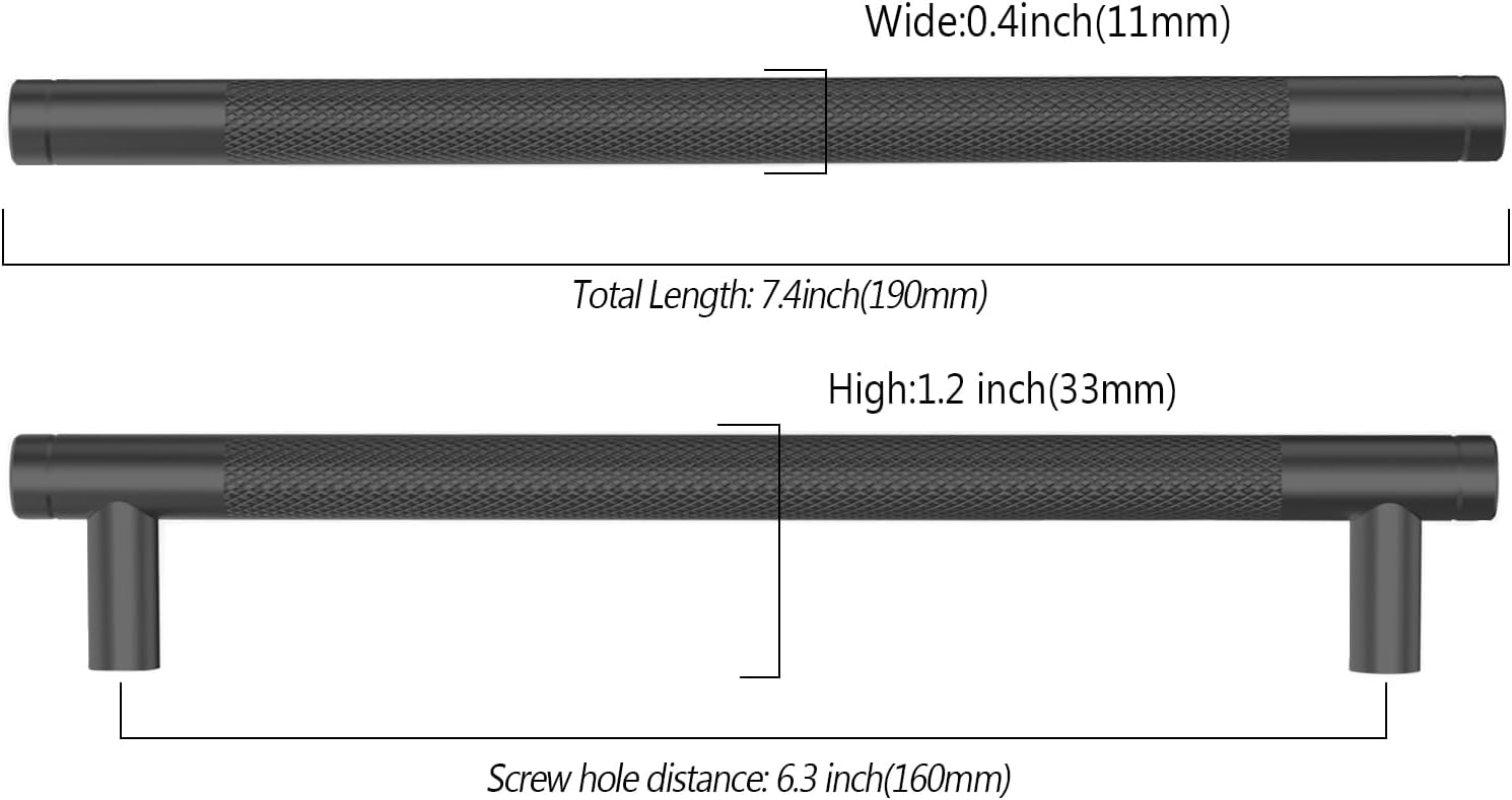 Asidrama 10 Pack 6.3 Inch(160mm) Matte Black Cabinet Pulls Knurled Cabinet Handles Cupboard Handles Kitchen Cabinet Hardware for Cupboard Drawer Pulls